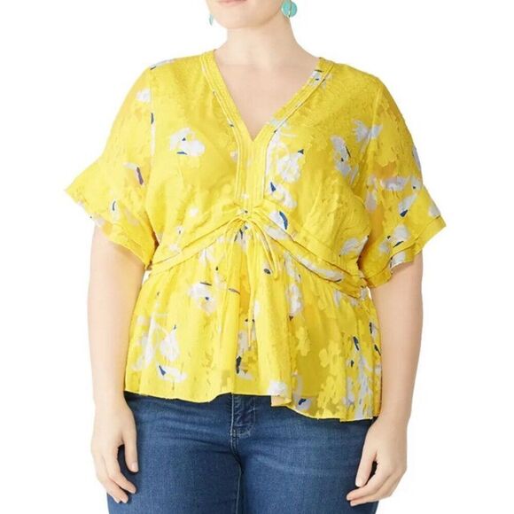 TANYA TAYLOR Fabiana Top Women 20 Yellow Floral Ruffled Tiers Cotton Silk Blend - Picture 1 of 15